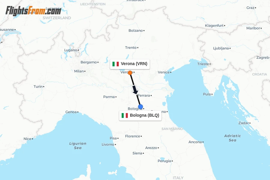 Flights from Verona to Bologna route map