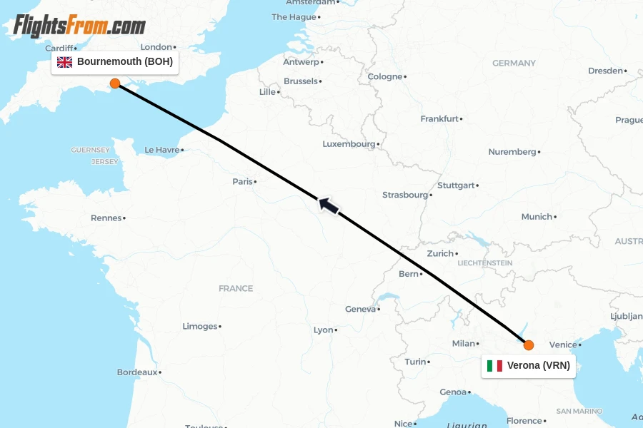 Flights from Verona to Bournemouth route map