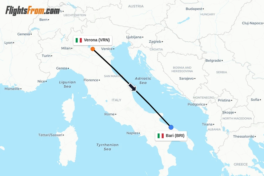 Flights from Verona to Bari route map
