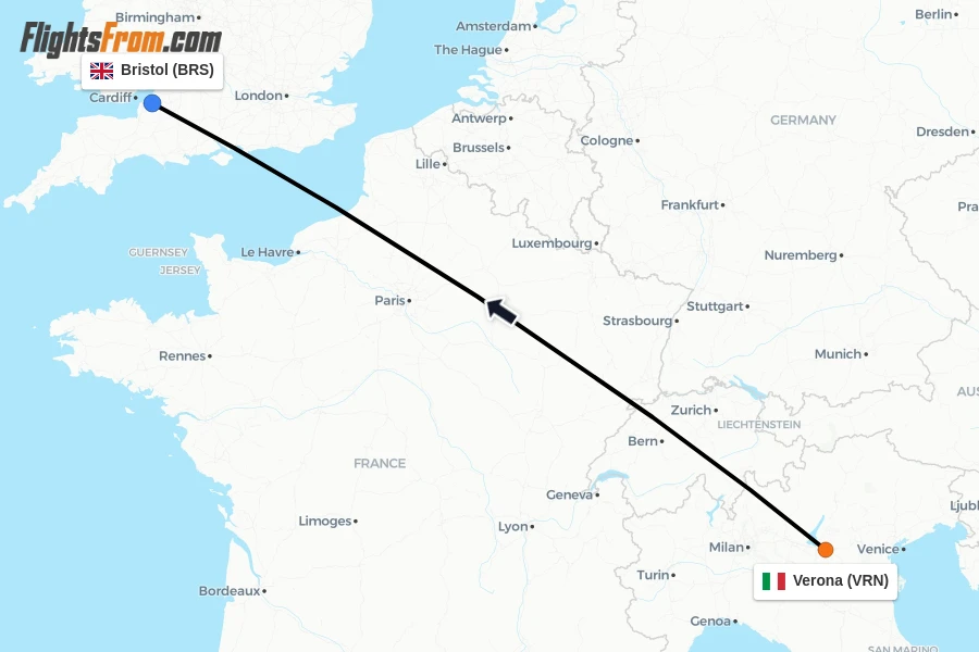 Flights from Verona to Bristol route map