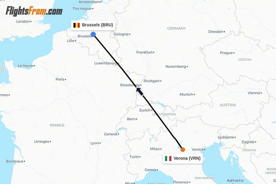 Flights from Verona to Brussels route map