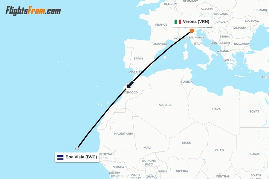 Flights from Verona to Boa Vista route map