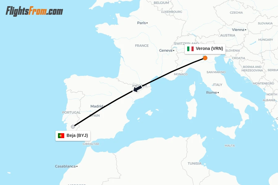 Flights from Verona to Beja route map