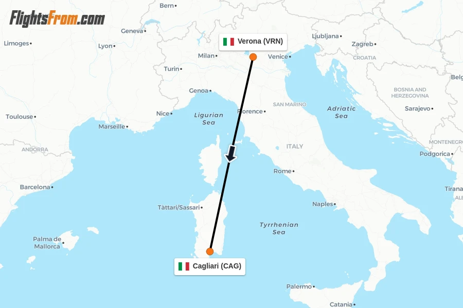 Flights from Verona to Cagliari route map