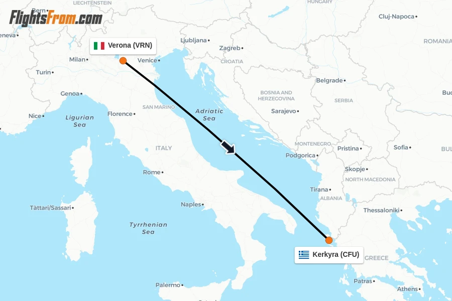 Flights from Verona to Kerkyra route map