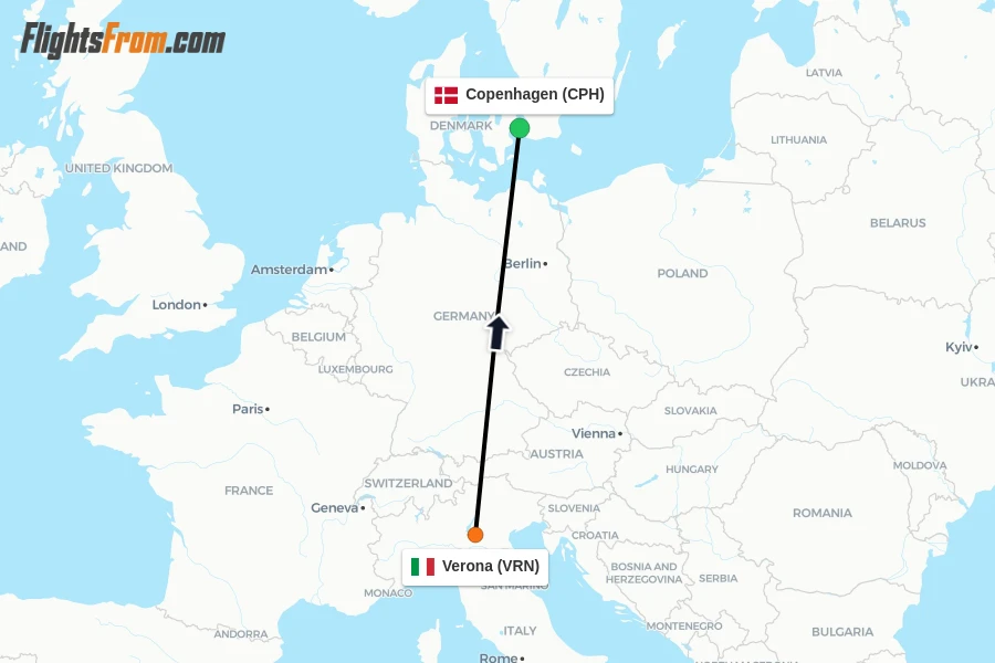 Flights from Verona to Copenhagen route map