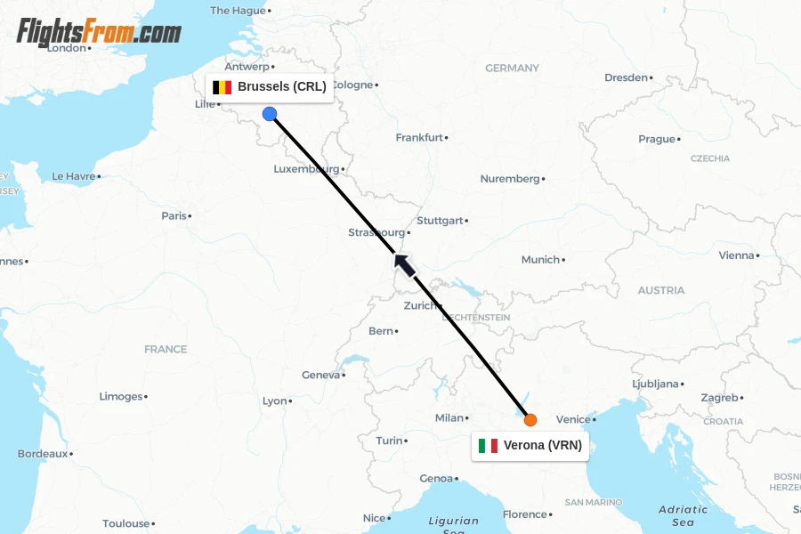 Flights from Verona to Brussels route map