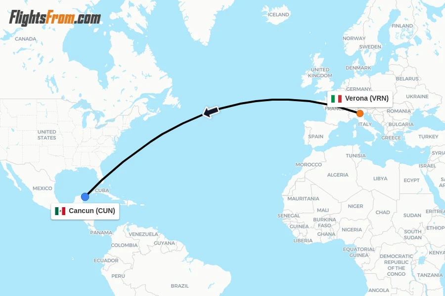 Flights from Verona to Cancun route map