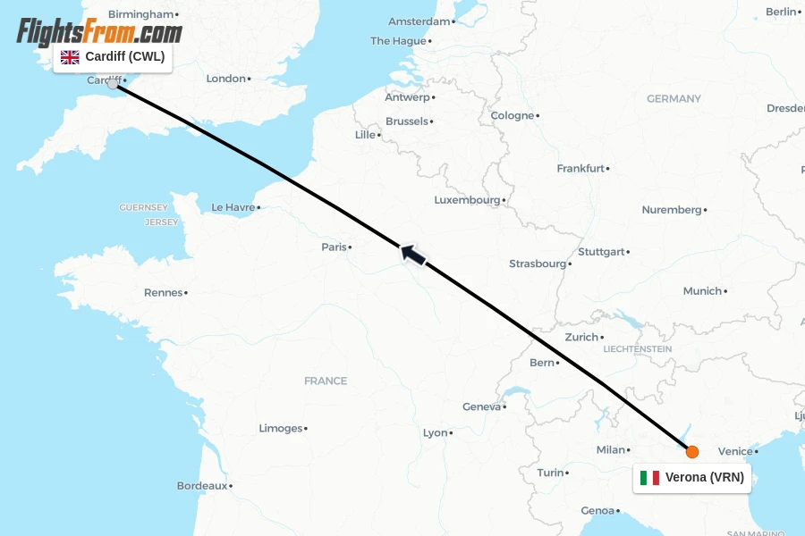 Flights from Verona to Cardiff route map