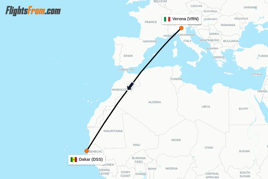 Flights from Verona to Dakar route map
