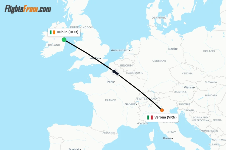 Flights from Verona to Dublin route map