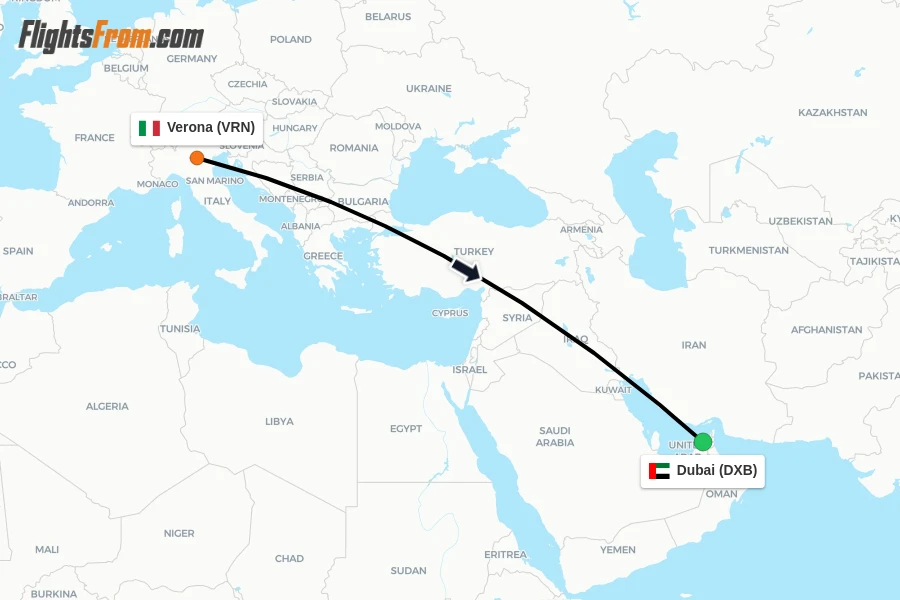 Flights from Verona to Dubai route map