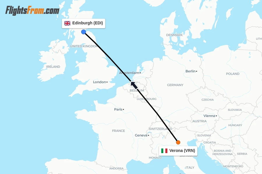 Flights from Verona to Edinburgh route map