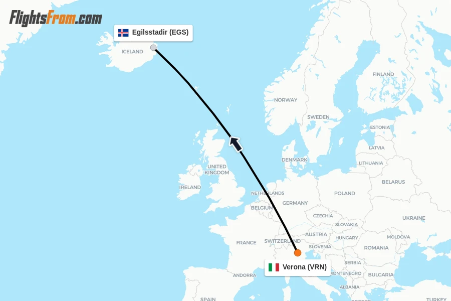 Flights from Verona to Egilsstadir route map