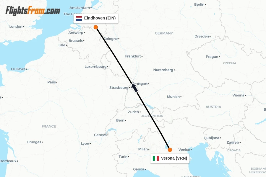 Flights from Verona to Eindhoven route map