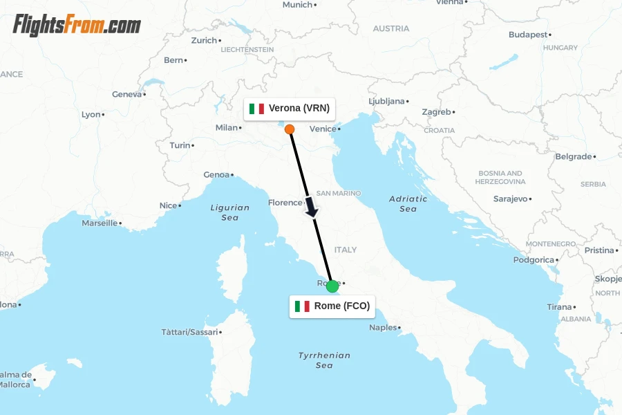 Flights from Verona to Rome route map