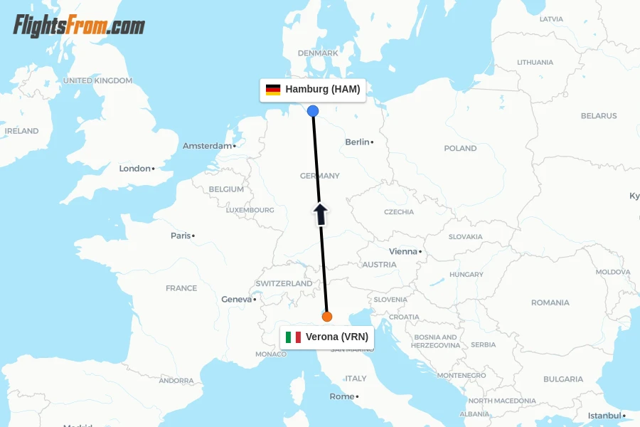 Flights from Verona to Hamburg route map