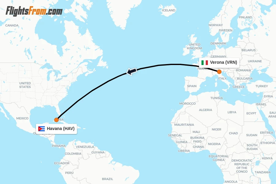 Flights from Verona to Havana route map