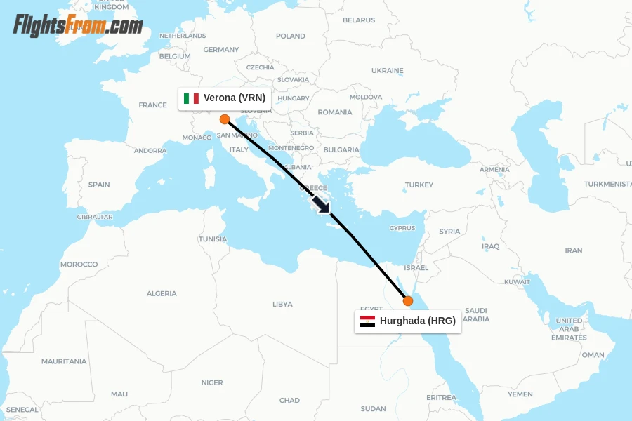 Flights from Verona to Hurghada route map