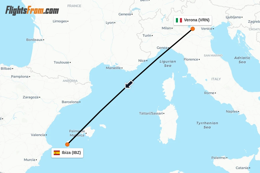 Flights from Verona to Ibiza route map