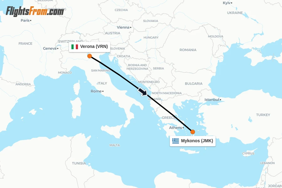 Flights from Verona to Mykonos route map