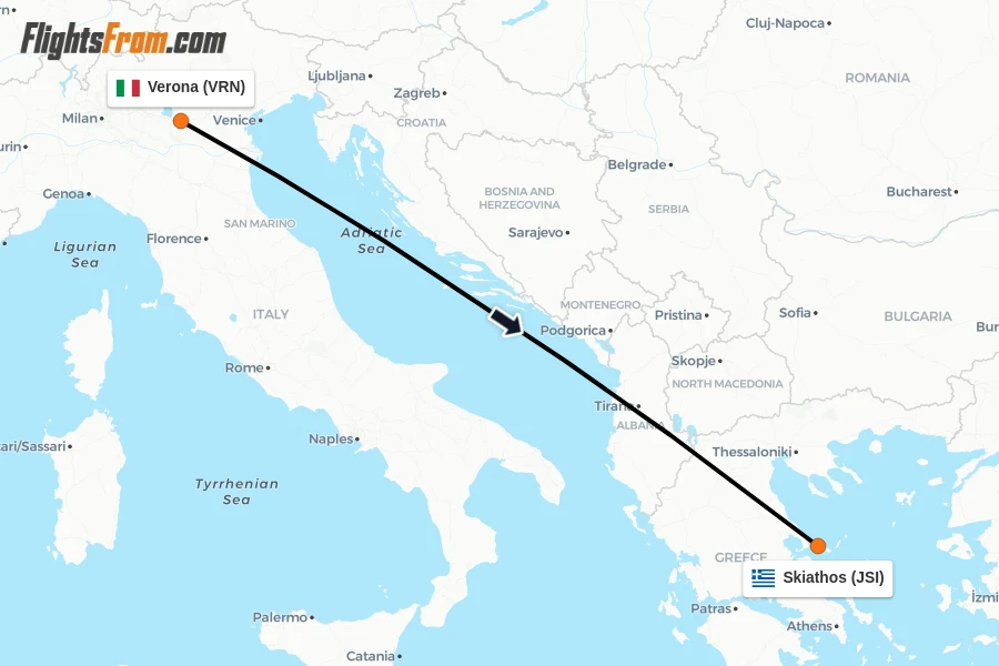 Flights from Verona to Skiathos route map
