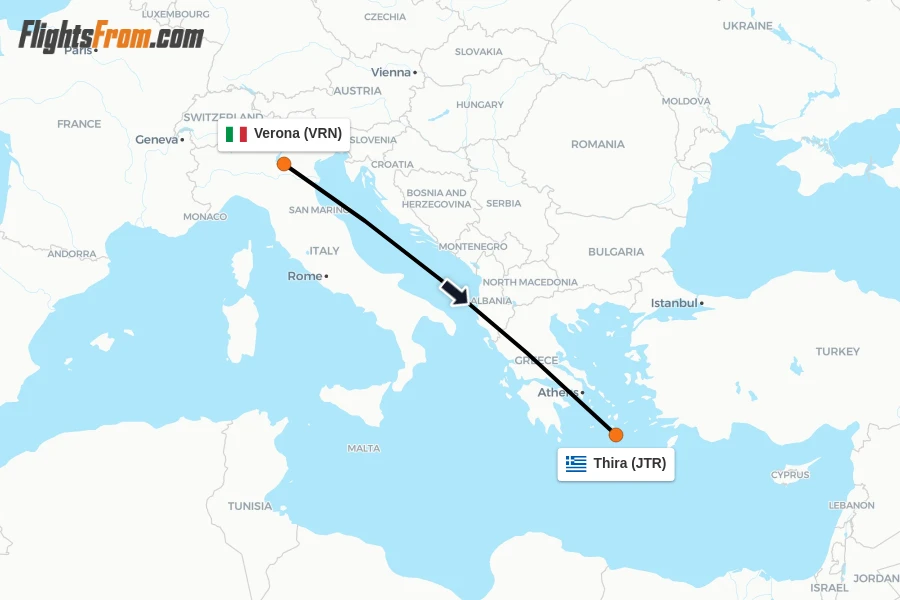 Flights from Verona to Thira route map