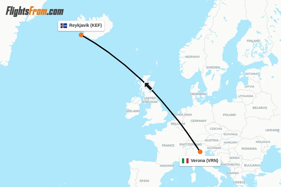 Flights from Verona to Reykjavik route map