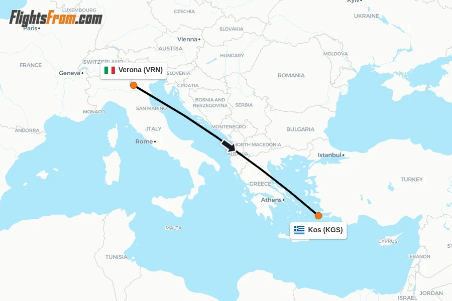 Flights from Verona to Kos route map