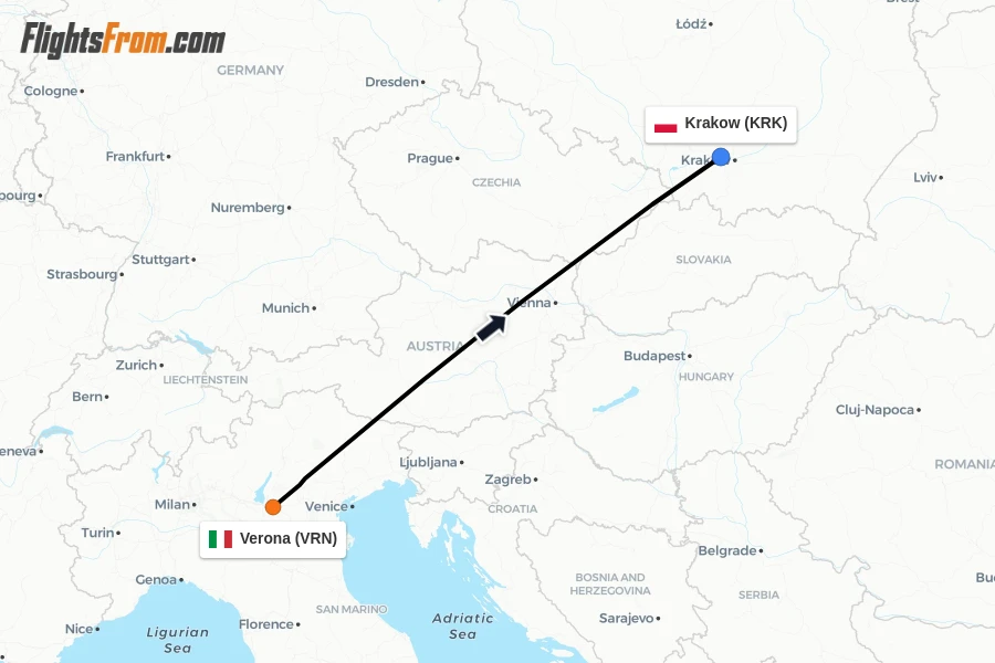 Flights from Verona to Krakow route map