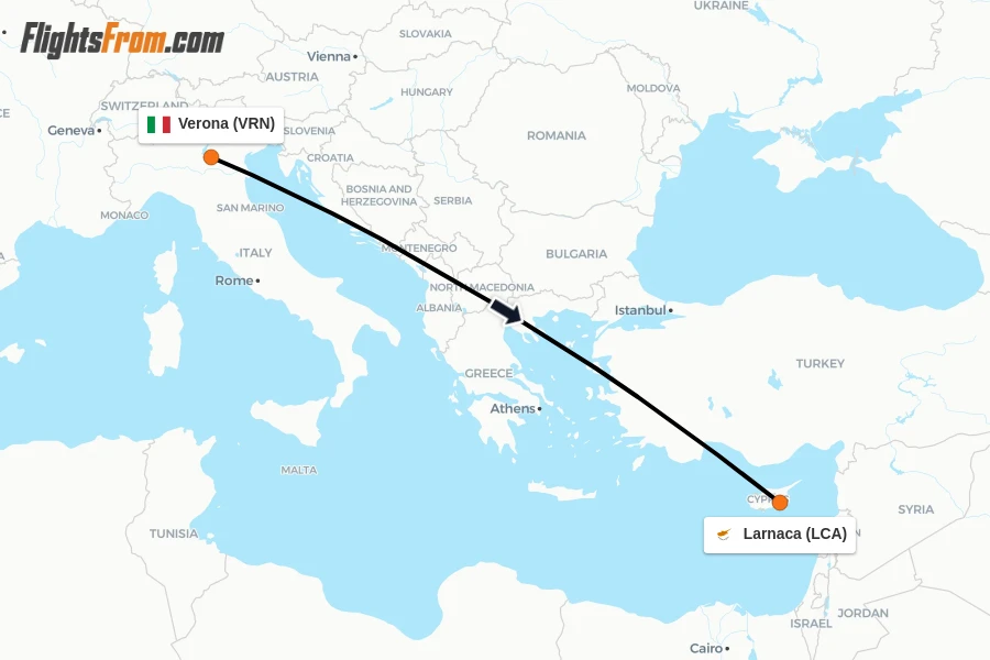 Flights from Verona to Larnaca route map