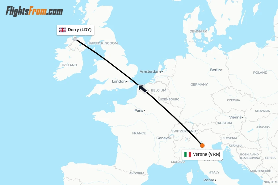 Flights from Verona to Derry route map