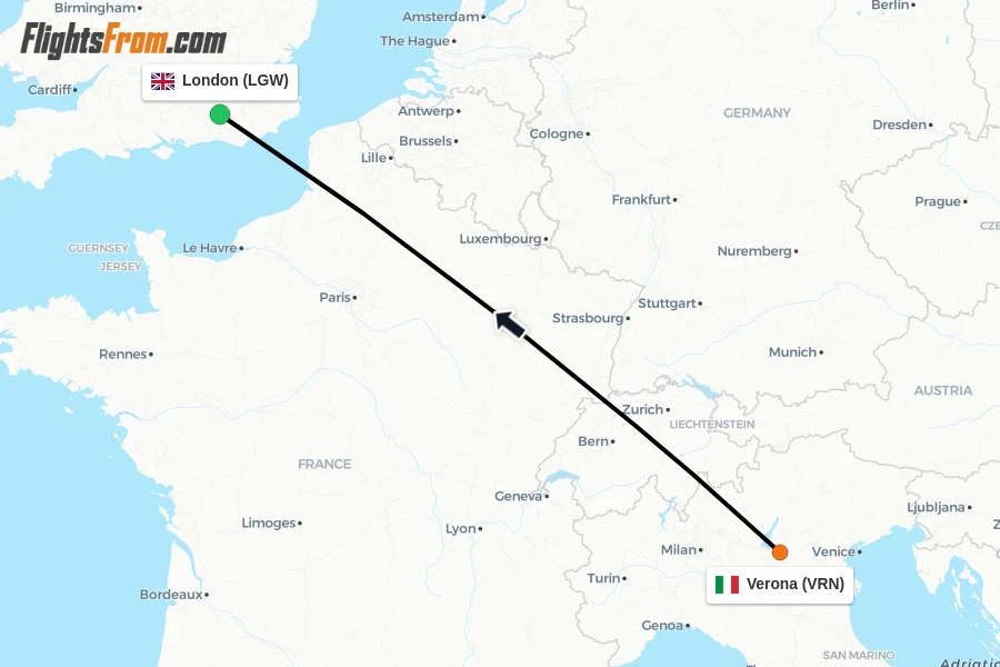 Flights from Verona to London route map
