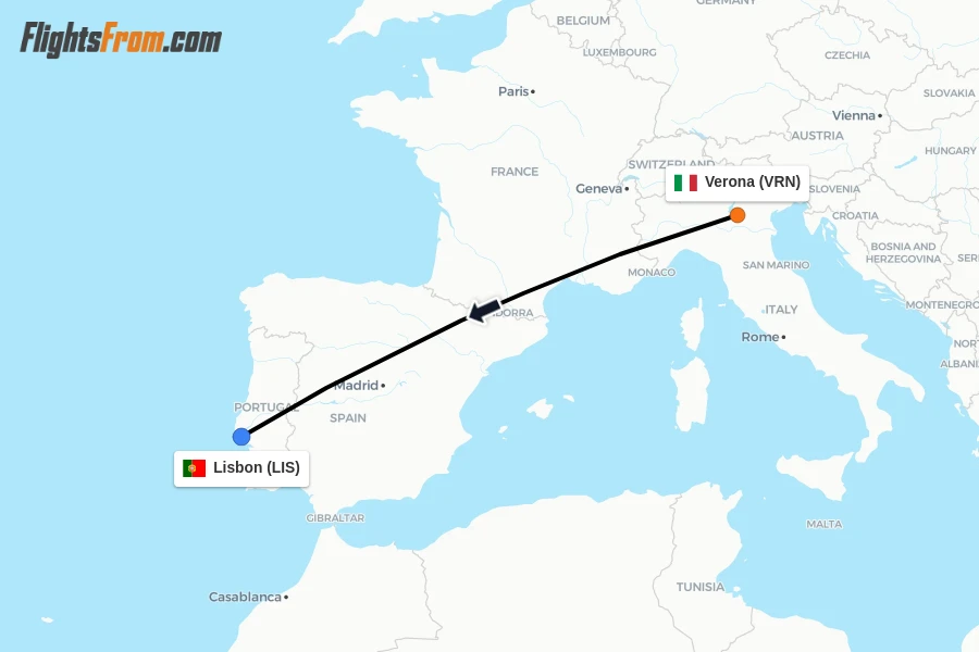 Flights from Verona to Lisbon route map