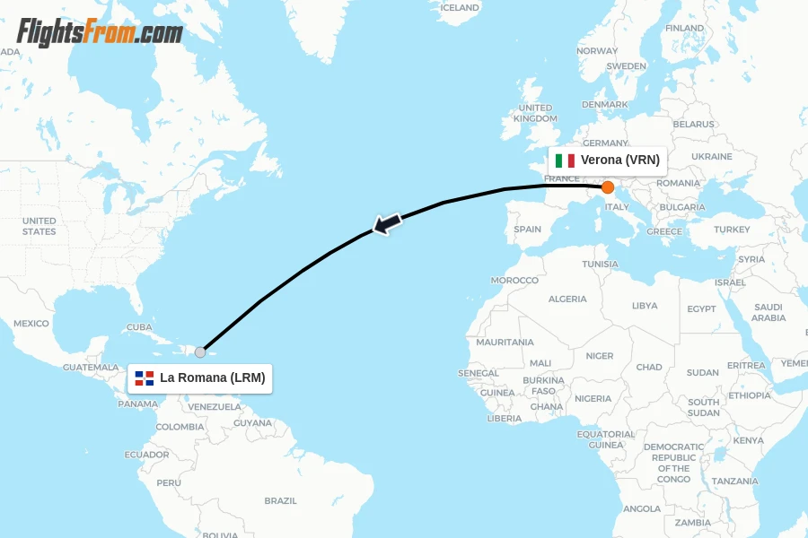 Flights from Verona to La Romana route map
