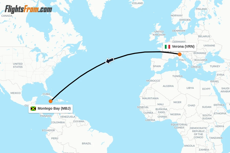 Flights from Verona to Montego Bay route map