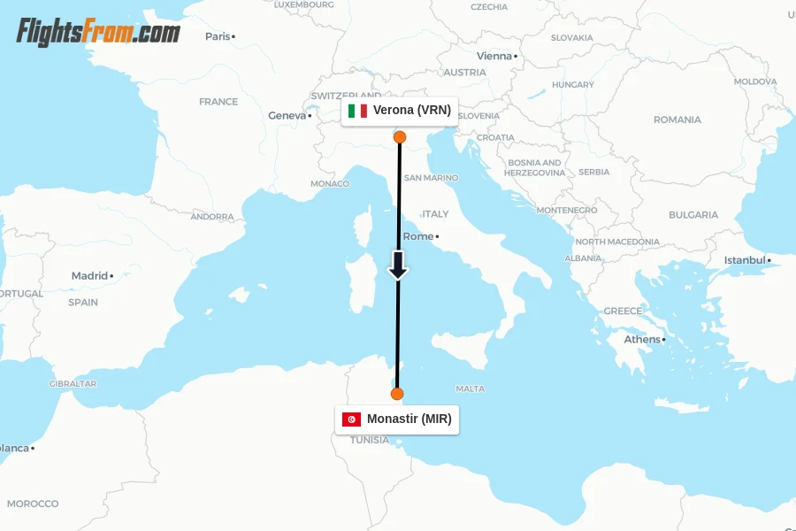 Flights from Verona to Monastir route map