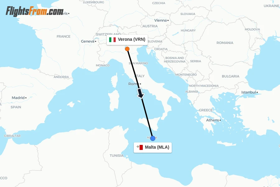 Flights from Verona to Malta route map