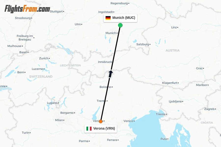 Flights from Verona to Munich route map
