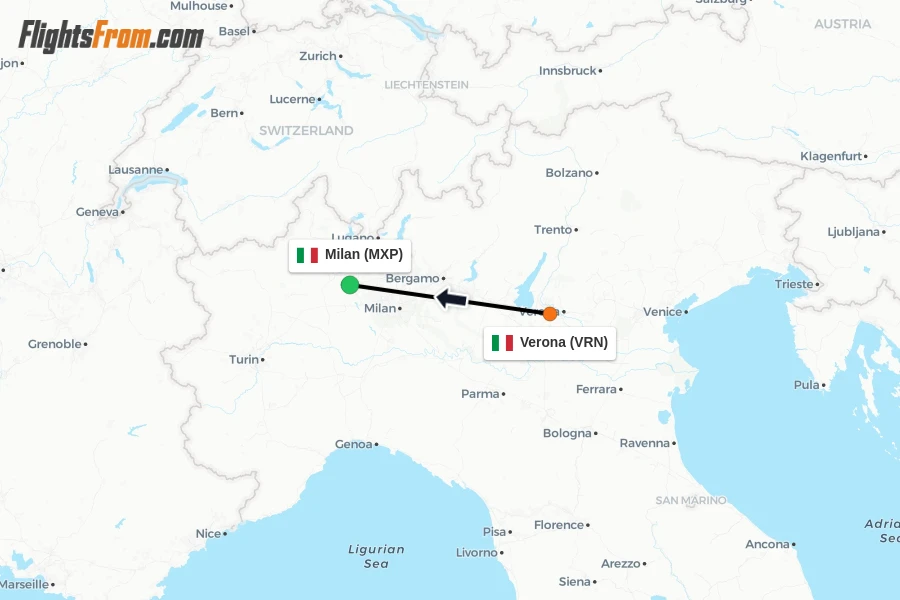 Flights from Verona to Milan route map