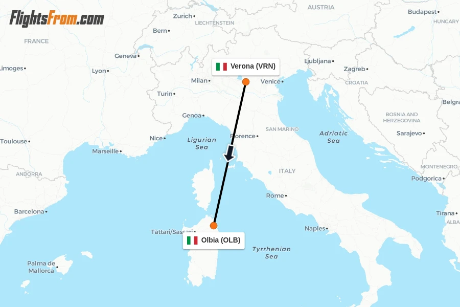 Flights from Verona to Olbia route map