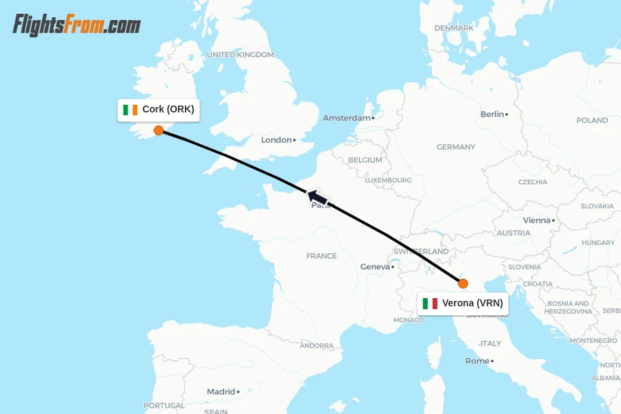 Flights from Verona to Cork route map