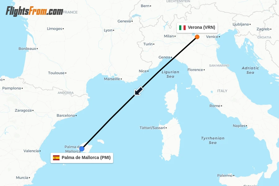 Flights from Verona to Palma de Mallorca route map