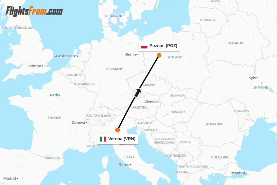 Flights from Verona to Poznan route map