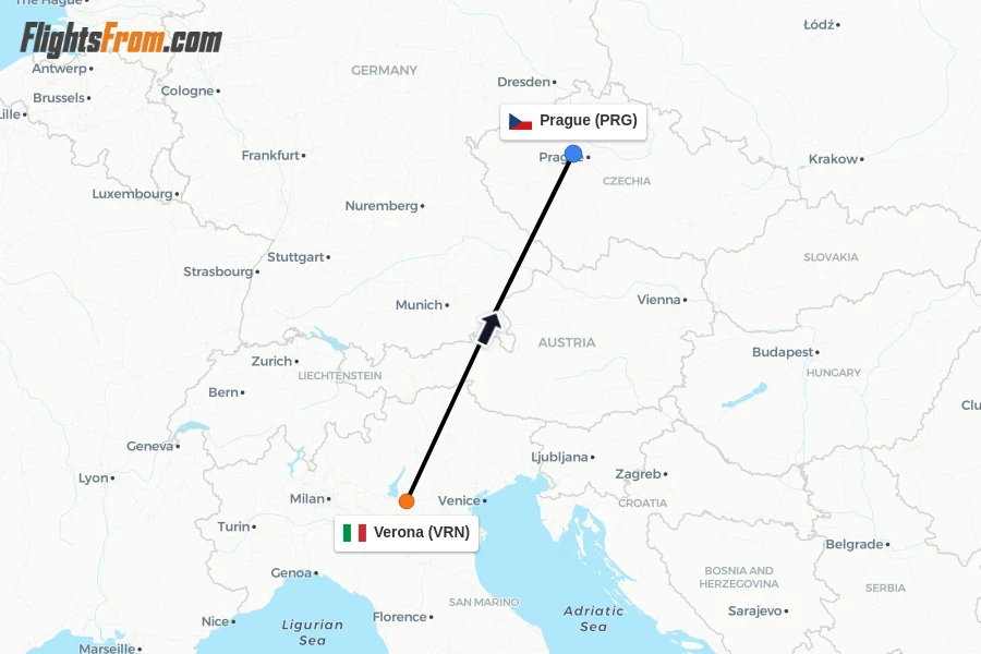 Flights from Verona to Prague route map