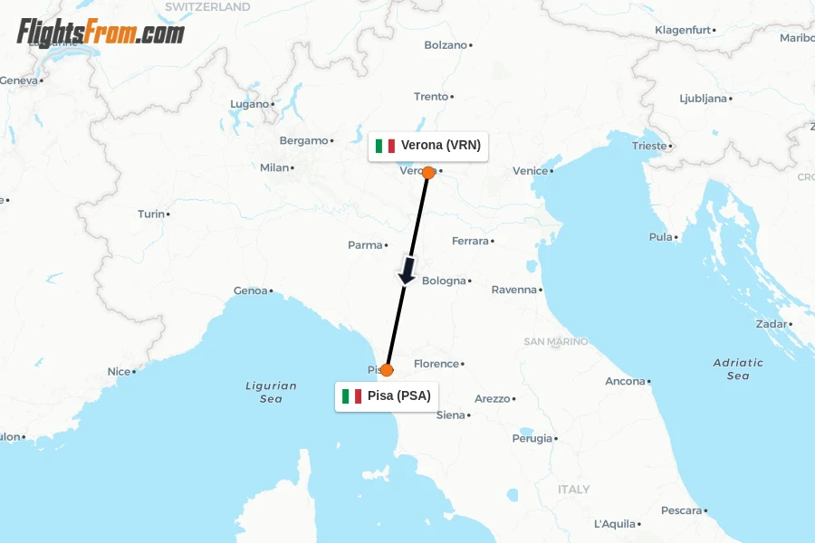 Flights from Verona to Pisa route map