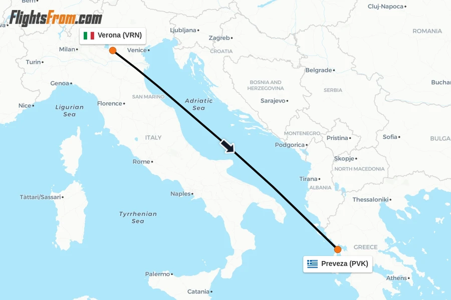 Flights from Verona to Preveza route map