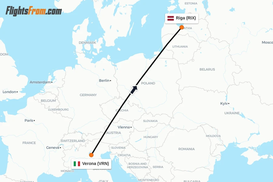 Flights from Verona to Riga route map