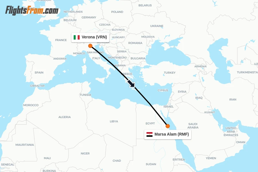 Flights from Verona to Marsa Alam route map