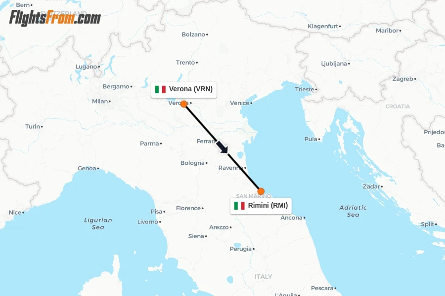 Flights from Verona to Rimini route map